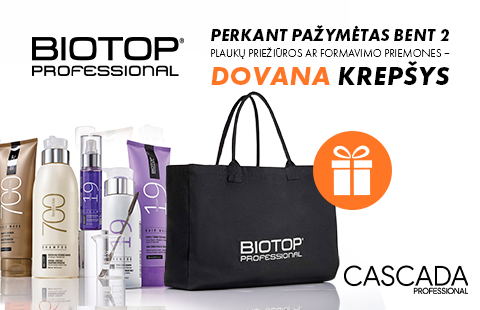 Įsigiję bent 2 „Biotop Professional“ plaukų priežiūros ar formavimo priemones dovanų gausite krepšį