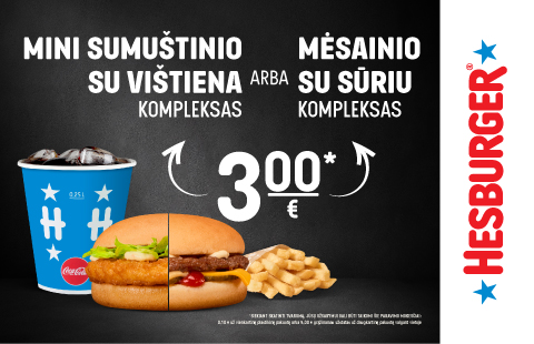 Mini Sumuštinio su vištiena arba Mėsainio su sūriu kompleksas 3,00 eur.*