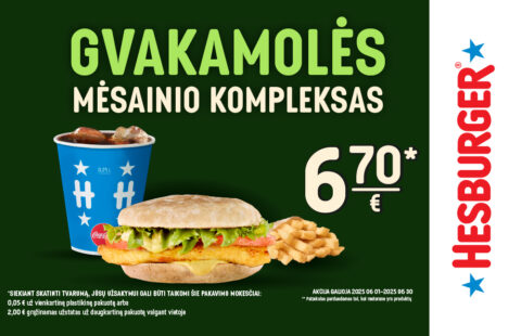Gvakamolės mėsainio kompleksas 6.70 Eur.